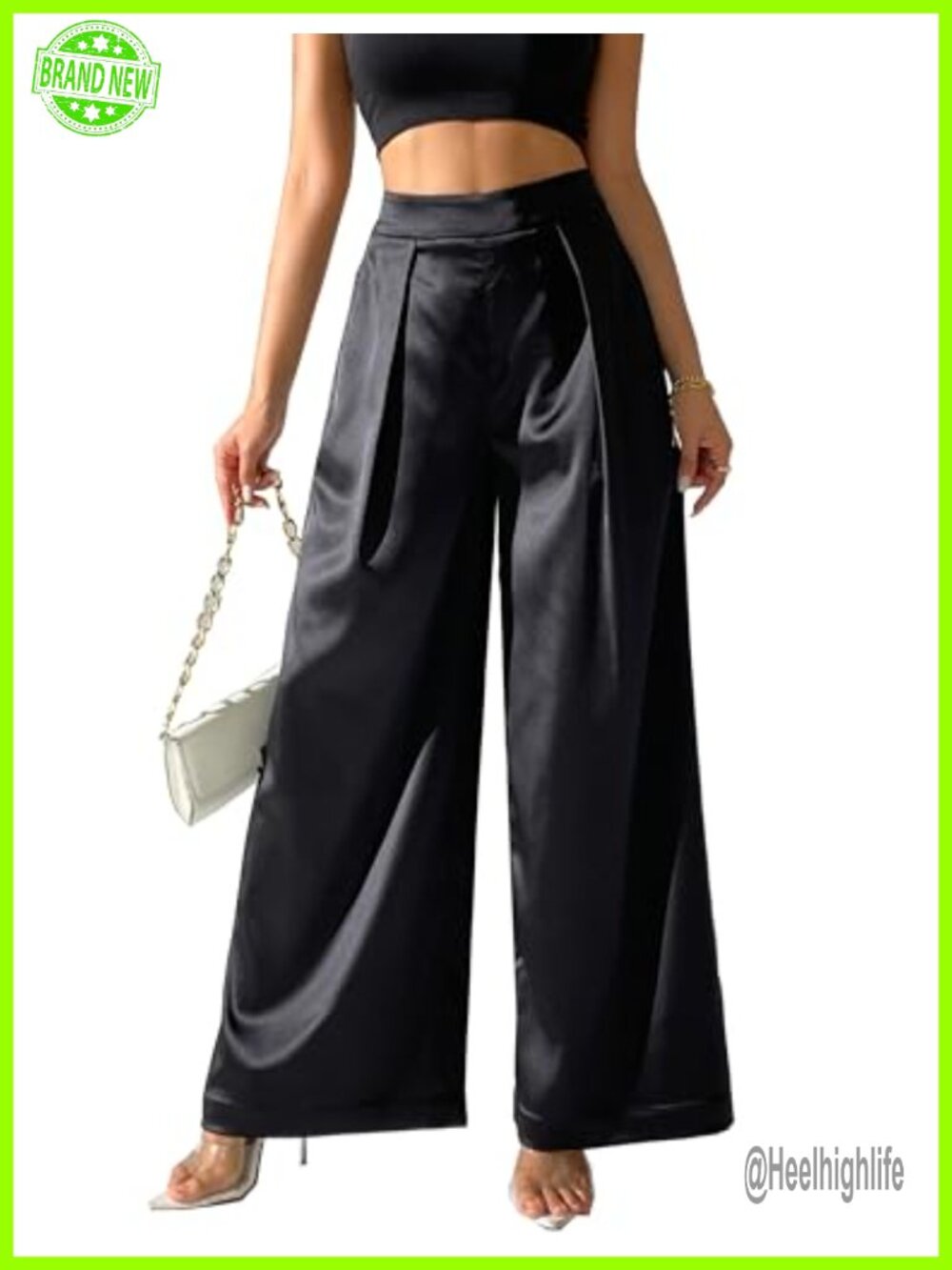 Satin Wide Leg Palazzo Pants High Waist Pull On Pleated Silky Trouser